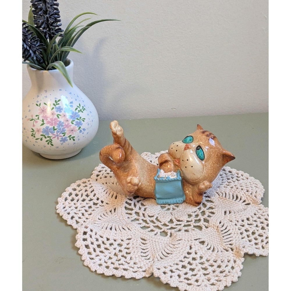 Vintage Ceramic Cat Business Card Holder Cute Kitten Desk‎ Organizer Cottagecore - Picture 7 of 8